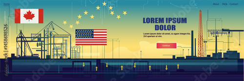 Trade war Canada United States oil industry tariffs war industrial construction site flags drilling rigs pipelines abstract background website header