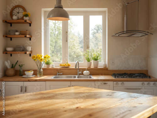 Morning light on rustic kitchen wooden surface