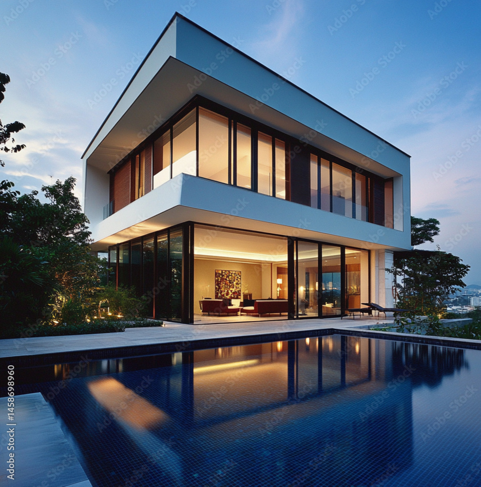 Fototapeta premium Modern contemporary house overlooking a swimming pool