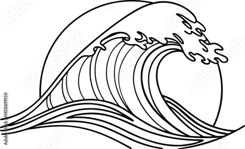Simple Black And White Line Art Illustration Of A Big Ocean Wave