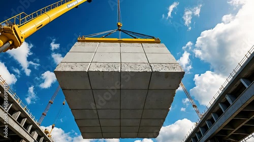 Large Concrete Block Lifted by Crane in Construction Zone