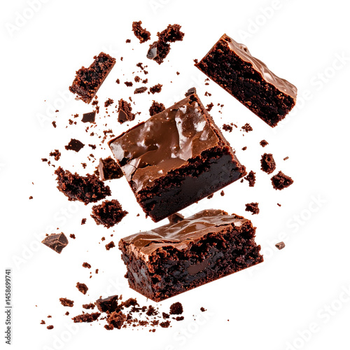 Delicious chocolate brownies are flying through air, showcasing their rich texture and glossy surface, creating mouthwatering scene of indulgence and delight