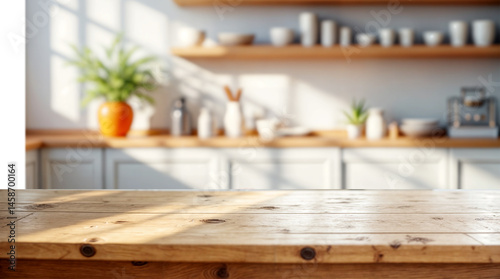 Empty wooden table with blurred kitchen background