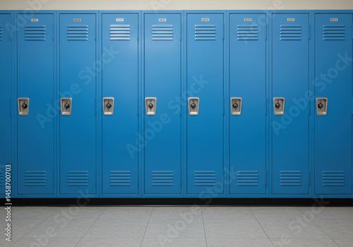 Close up shot of blue school lockers in a row with numbered doors ready for students.