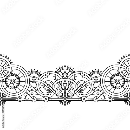 Steampunk Gear Border: Black & White Line Art on White