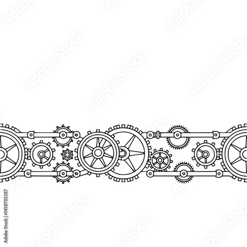 Steampunk Gears Border: Black & White Mechanism Design