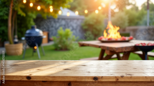 Warm summer evening with fire pit and grill, wooden table in front