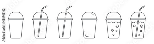 Set of mojito, lemonade, mineral water, cocktail or ice latte glass linear icons isolated on transparent background. Plastic glass with straw line icon. Plastic glass with bubbles. Editable stroke.