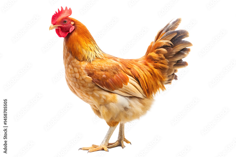 Fototapeta premium A chicken standing tall, isolate on white background, showcasing its proud stance and vibrant feathers