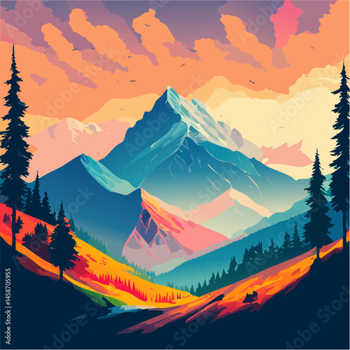 Winter sunset paints the alpine mountain range with snow-dusted peaks under a cloudy sky