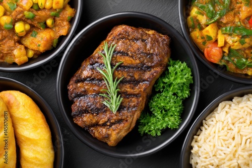 Gourmet grilled steak served with vibrant vegetable medley fragrant herb garnish and fluffy rice in elegant black bowls for a delightful culinary experience captured with clarity