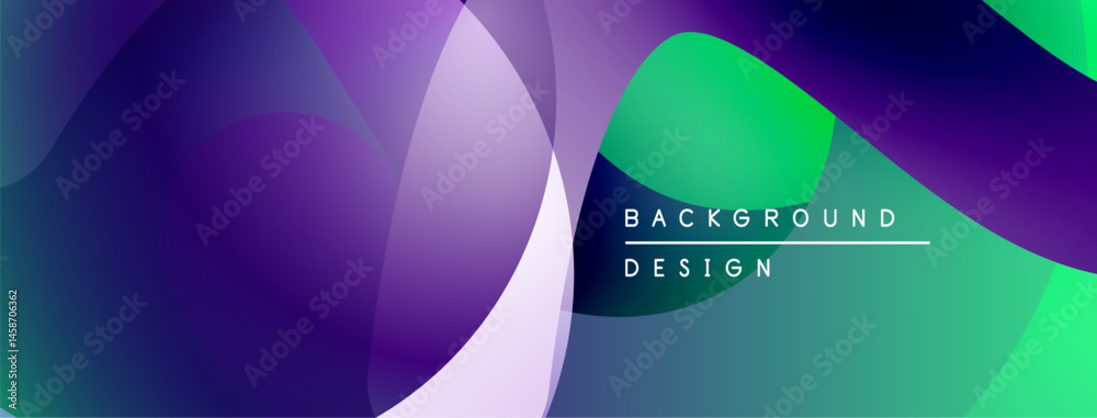 Fototapeta premium Abstract fluid shapes, vibrant colors blend. Modern design, smooth gradients create dynamic visual effect. Background features text elements.