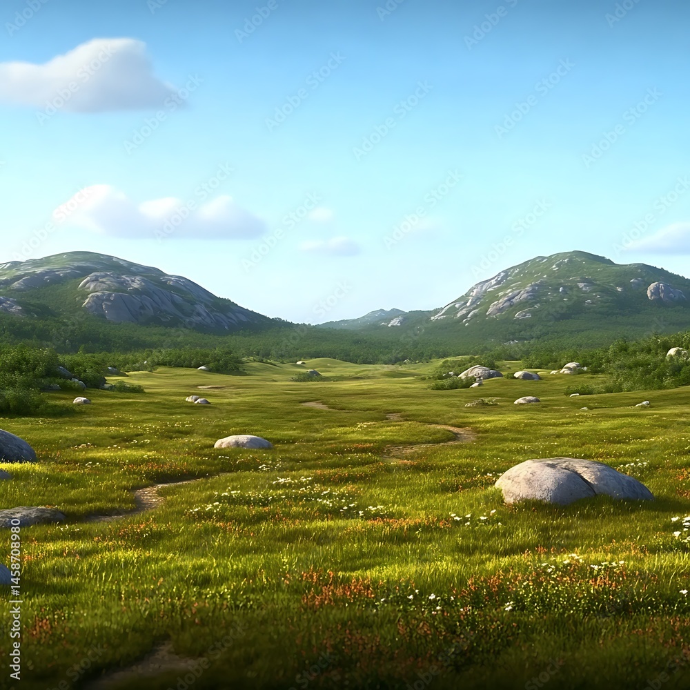Fototapeta premium Serene Meadow Landscape Rolling Green Hills and a Gentle Path A picturesque summer day scene