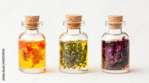 Trio of transparent herbal oil bottles with cork tops, placed against white background for wellness concept