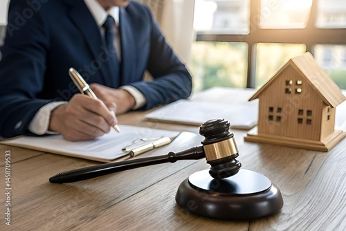 Real Estate Lawyer Striking Gavel in Law Office – Legal and Property Justice Scene