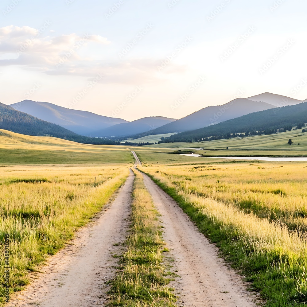 Fototapeta premium Scenic Country Road Winding Through a Serene Mountain Valley at Sunset