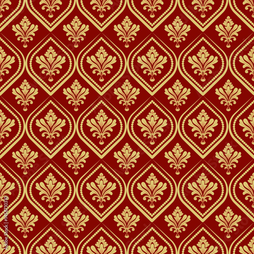 Damask seamless pattern with cream flowers blend with geometry and red background, vintage design, vector illustration elegant for textile, wall paper, curtains, cushion cover, rug, scarf,  bedding