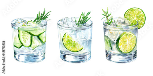 Three G&T cocktails crowned with lime wheels. Watercolor illustration on transparent background.