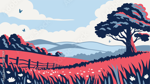 A stylized landscape with a red field, a tree, hills, and butterflies in the sky
