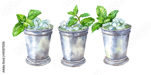 Three Mint Julep cocktails with bourbon, crushed ice and mint. Watercolor illustration on transparent background.