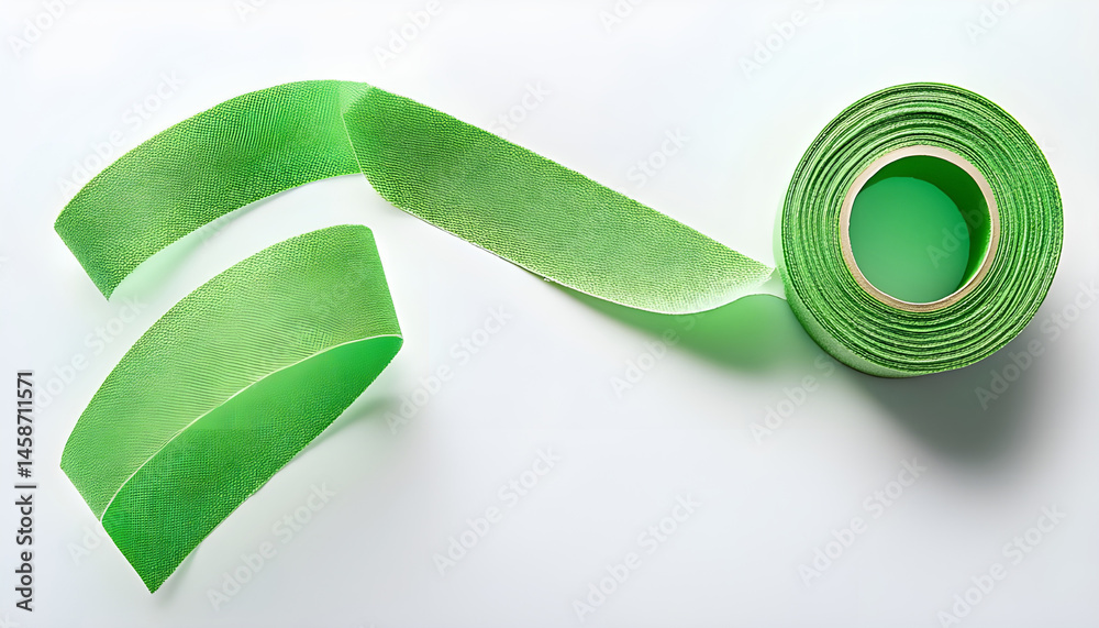 Green kinesio tape piece on white background, top view