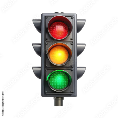 vibrant traffic signal light red yellow green standing against the urban backdrop, ensuring smooth road safety and organized movement transparent background 