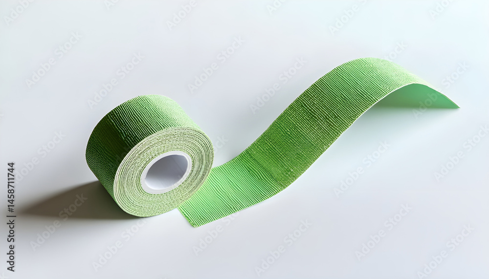 Green kinesio tape piece on white background, top view