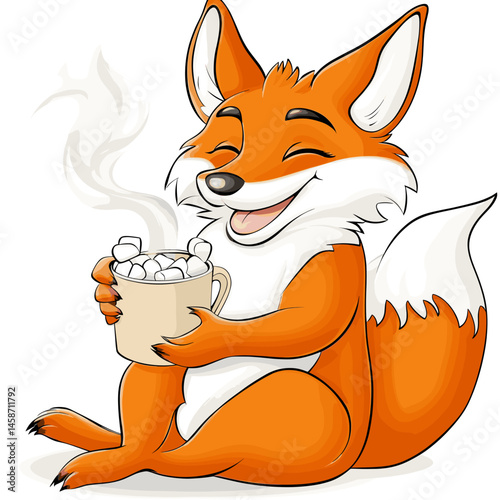 Cartoon vector illustration of a cheerful fox holding a steaming cup of hot chocolate with marshmallows on white background