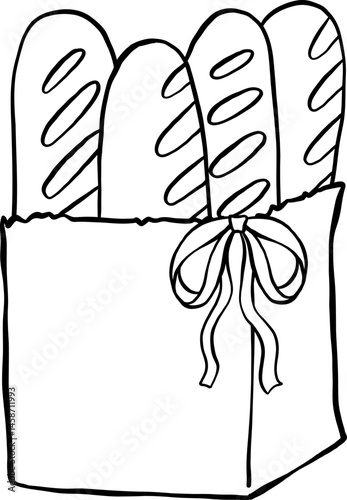 Farmer Market Baguettes in paper bag Doodle Outline