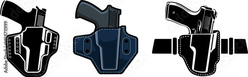 Handgun in Holster Silhouette Vector Set – Security and Law Enforcement Firearm Holsters and Weapon Icons Design