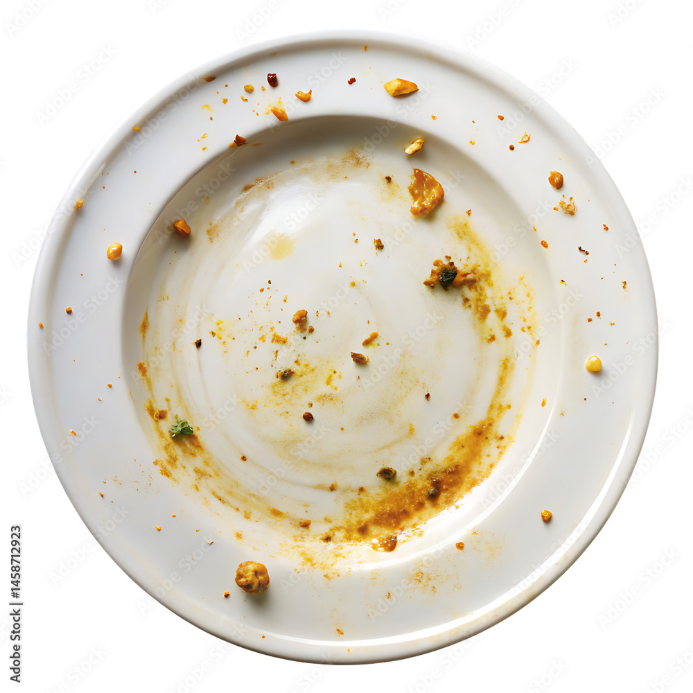 A photograph of an empty plate with dirty food isolated on white background PNG A photograph of an empty plate with dirty food isolated on white background PNG