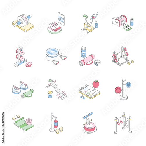 Download premium set of gym and workout tools isometric icons
