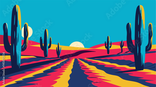 Stylized desert landscape with cacti, sun, and colorful ground in vibrant hues