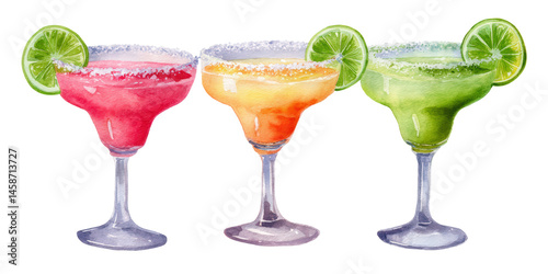 Three Margarita cocktails with tequila, lime and salted rims. Watercolor illustration on transparent background.