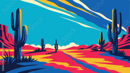 Colorful desert landscape with cacti and mountains under a bright blue sky design