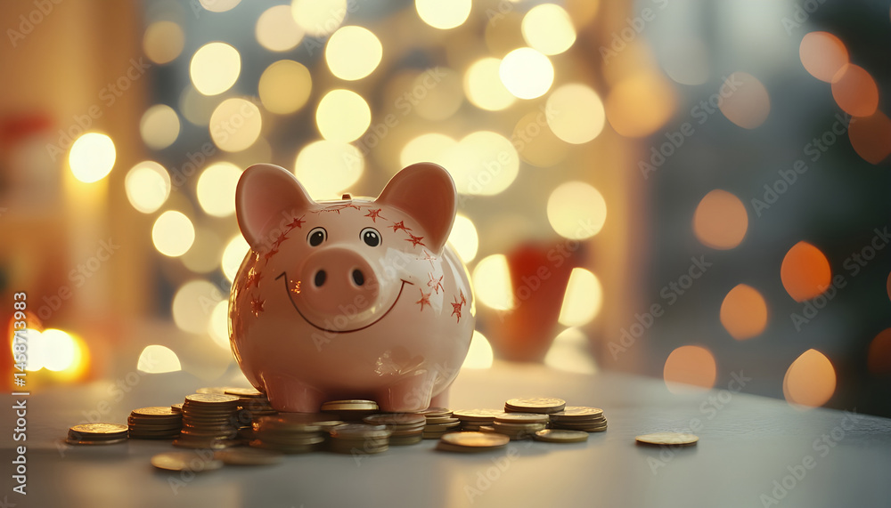Piggy bank with euro banknotes and coins on grey table against blurred lights, space for text