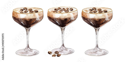 Three Espresso Martinis crowned with coffee beans. Watercolor illustration on transparent background.