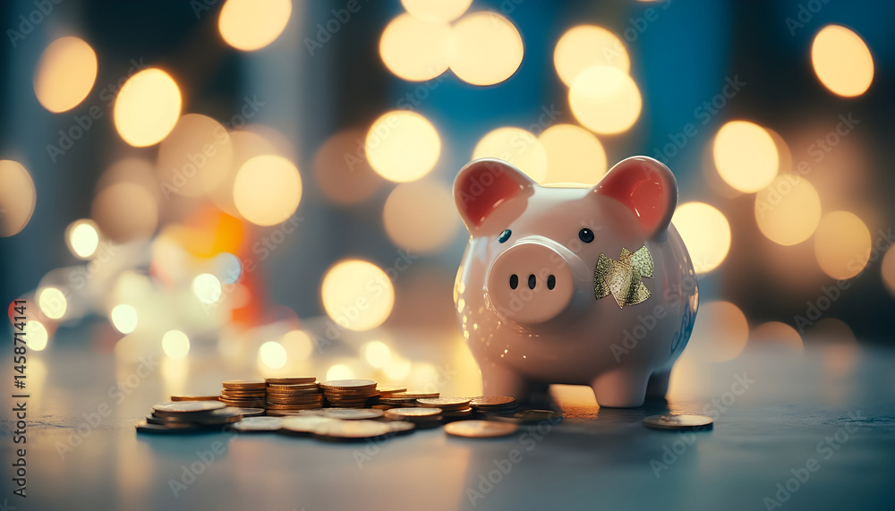 Piggy bank with euro banknotes and coins on grey table against blurred lights, space for text