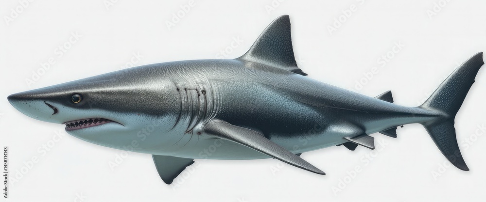 Fototapeta premium A side view of a great white shark with its mouth closed and its teeth showing on a white background