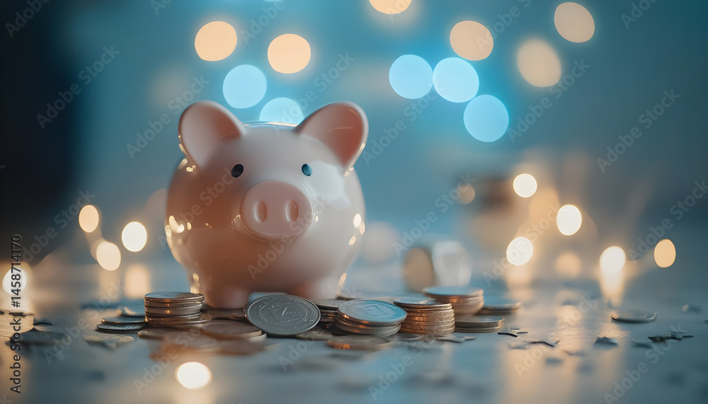 Piggy bank with euro banknotes and coins on grey table against blurred lights, space for text