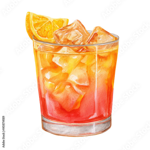 Tequila Sunrise bursting with vibrant citrus layers. Watercolor illustration on transparent background.