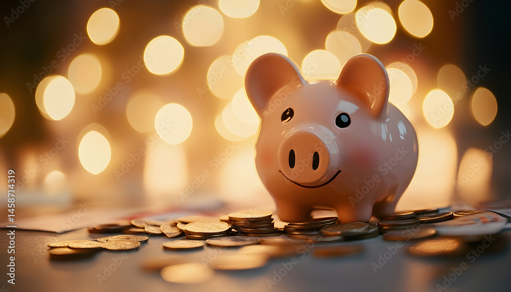 Piggy bank with euro banknotes and coins on grey table against blurred lights, space for text