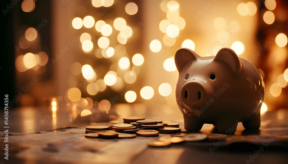 Piggy bank with euro banknotes and coins on grey table against blurred lights, space for text