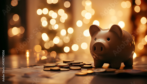 Obraz na płótnie Piggy bank with euro banknotes and coins on grey table against blurred lights, space for text w salonie