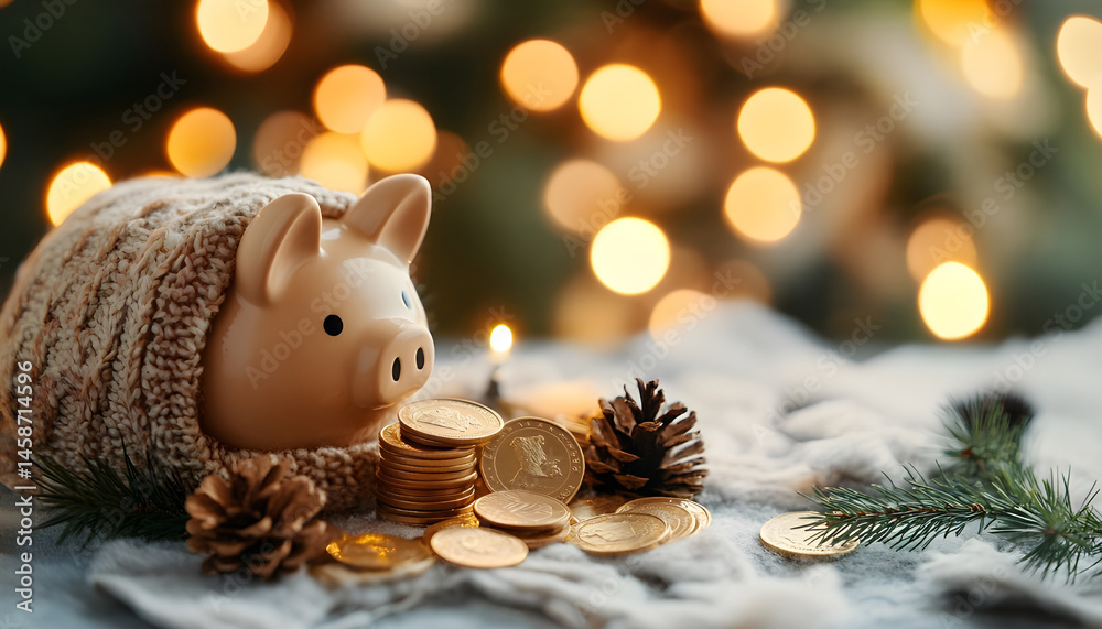 Piggy bank with euro banknotes and coins on grey table against blurred lights, space for text