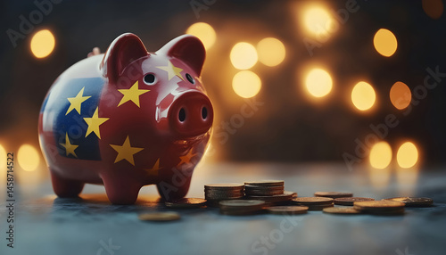 Piggy bank with euro banknotes and coins on grey table against blurred lights, space for text