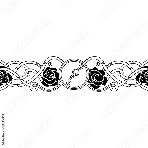 Ornamental Border with Roses, Key, and Elegant Line Work.