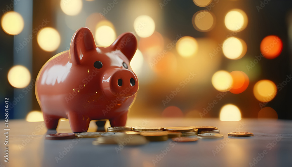 Piggy bank with euro banknotes and coins on grey table against blurred lights, space for text