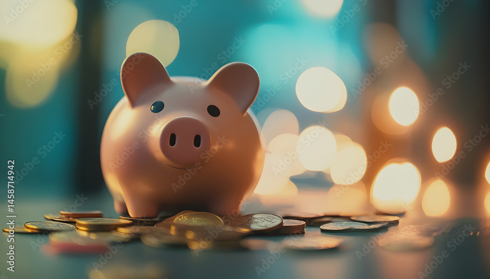 Piggy bank with euro banknotes and coins on grey table against blurred lights, space for text