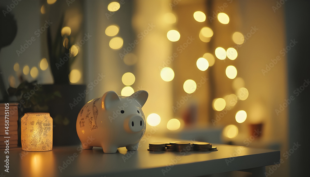 Piggy bank with euro banknotes and coins on grey table against blurred lights, space for text